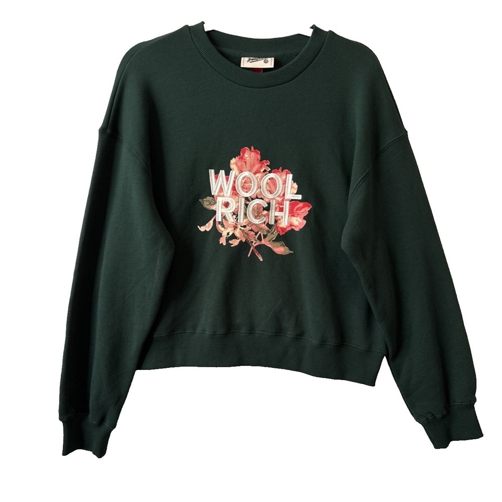 Woolrich NWT Floral Forest Green Embroidered Logo Pullover Sweatshirt‎ Women's M